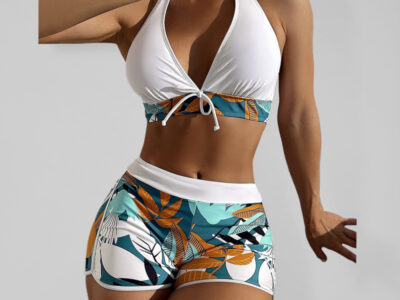 High Waist Boxer Tie Bikini- Split Swimsuit with Printed Solid Color Stitching