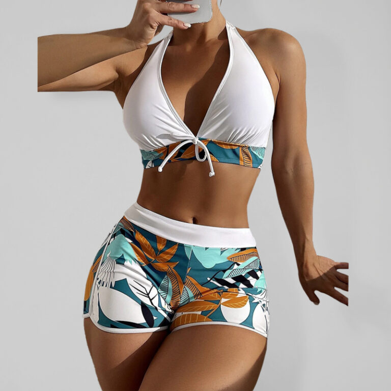 High Waist Boxer Tie Bikini- Split Swimsuit with Printed Solid Color Stitching