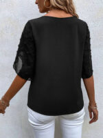 Round Neck Short Sleeve Top with Lace Paneling in Solid Color
