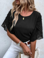Round Neck Short Sleeve Top with Lace Paneling in Solid Color