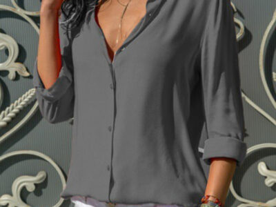 Deep V-Neck Chiffon Shirt with Long Sleeves and Button Closure