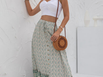 Women’s Latest High Waist Printed Breasted Button Slit Skirt