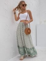 Women’s Latest High Waist Printed Breasted Button Slit Skirt