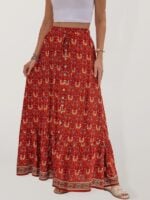 Women’s Latest High Waist Printed Breasted Button Slit Skirt