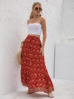 Women’s Latest High Waist Printed Breasted Button Slit Skirt