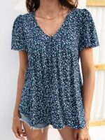 V-Neck Loose Pleated Print Casual Top