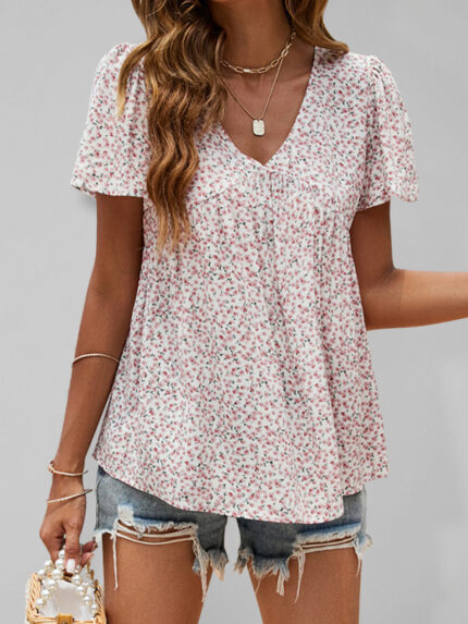 V-Neck Loose Pleated Print Casual Top