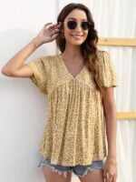 V-Neck Loose Pleated Print Casual Top