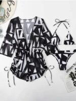 Tropical Print High Waist Tie Bikini Three-Piece Set