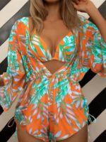 Tropical Print High Waist Tie Bikini Three-Piece Set