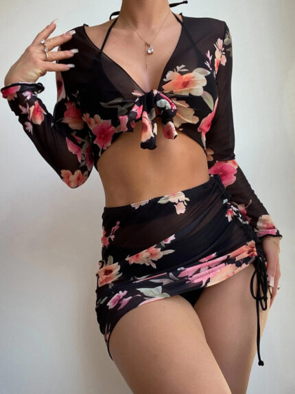 Printed Drawstring Long-Sleeve Blouse Bikini Set