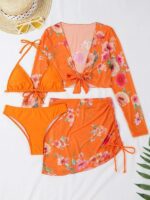 Printed Drawstring Long-Sleeve Blouse Bikini Set