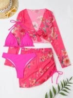 Printed Drawstring Long-Sleeve Blouse Bikini Set