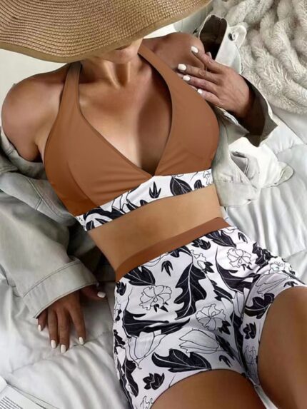 Printed Solid Color Panel High Waist Boxer Tie Bikini for Stylish Beachwear