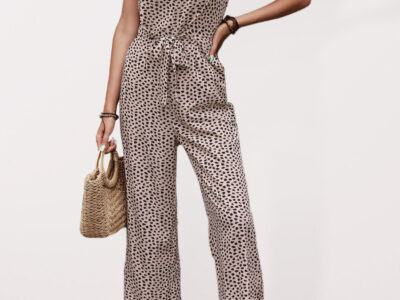 Leopard Print V-Neck Woven Casual Jumpsuit