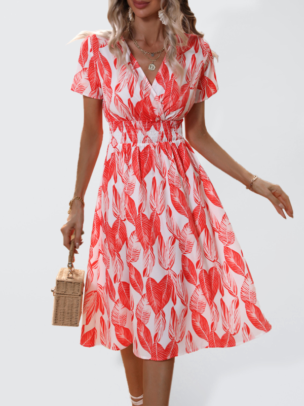 Elegant V-Neck Floral Print Short-Sleeved Dress