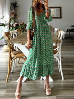 V-Neck Long Skirt with Waist Floral Print