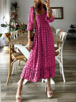 V-Neck Long Skirt with Waist Floral Print