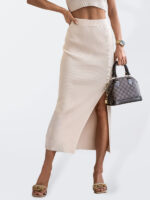 Stylish Midi Skirt with Button Slit in a Solid Color