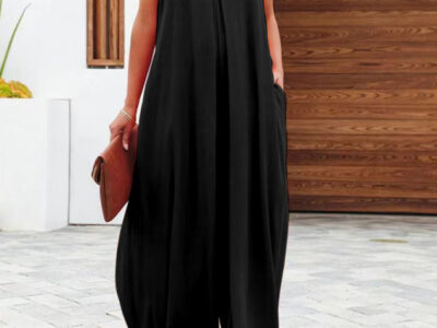 New cross-border solid color side pocket casual jumpsuit