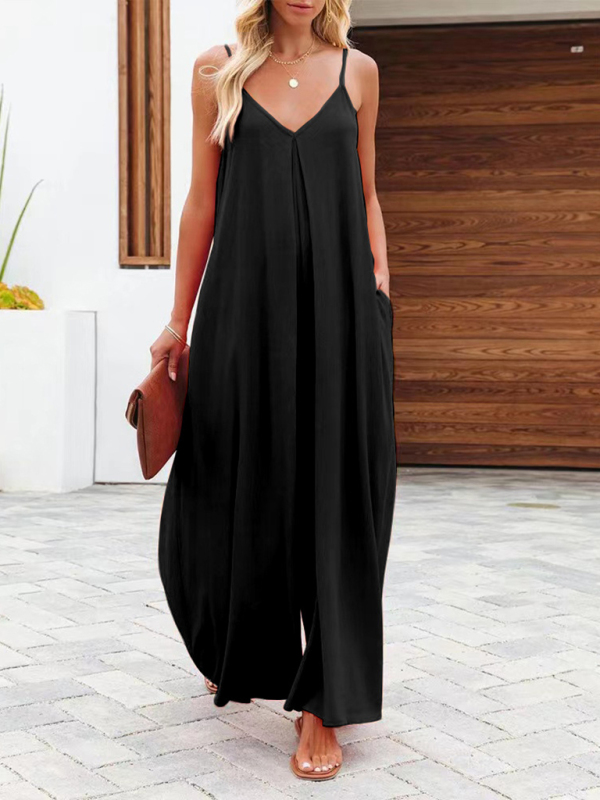 New cross-border solid color side pocket casual jumpsuit