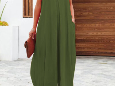 New cross-border solid color side pocket casual jumpsuit