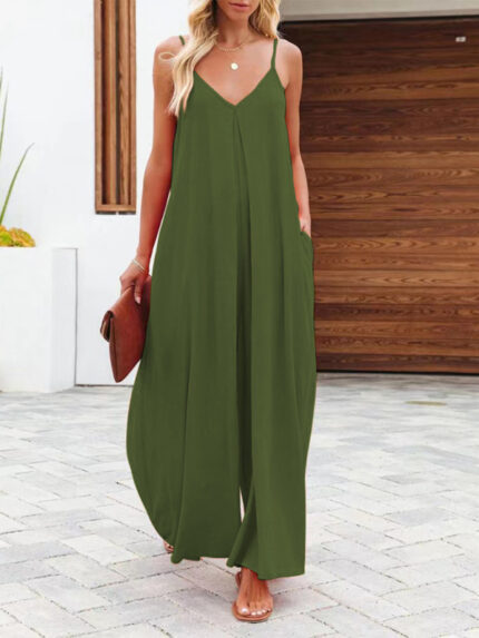 New cross-border solid color side pocket casual jumpsuit