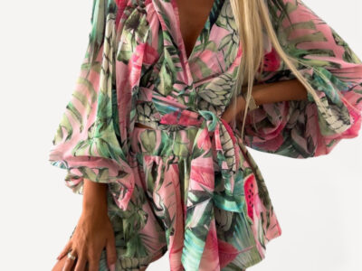 Floral Long-Sleeved V-Neck Jumpsuit with Shorts