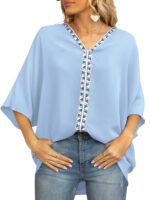 Dolman Sleeve Chiffon V-Neck Short Sleeve Shirt