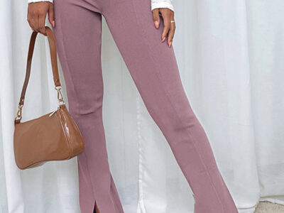 Stylish High-Waist Slim Flared Pants with Slit Detail in a Solid Color for Casual Comfort