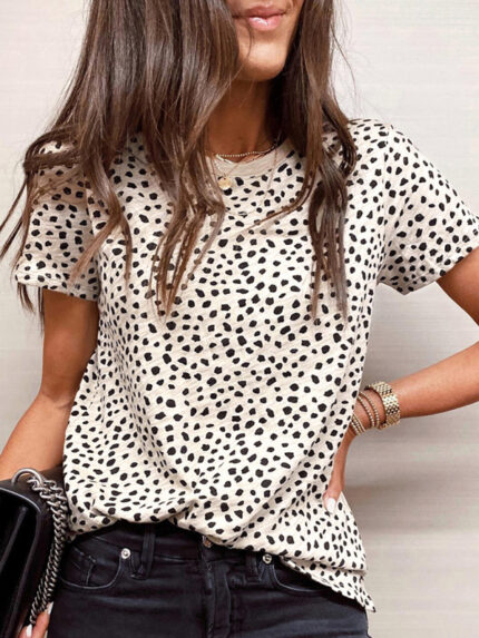 Casual Leopard Print Short-Sleeved Pullover T-Shirt with Round Neck - Loose Fit