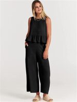 Elegant Sleeveless Pleated Vest with Wide-Leg Cropped Pants Casual Suit