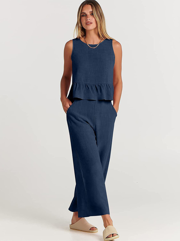 Elegant Sleeveless Pleated Vest with Wide-Leg Cropped Pants Casual Suit