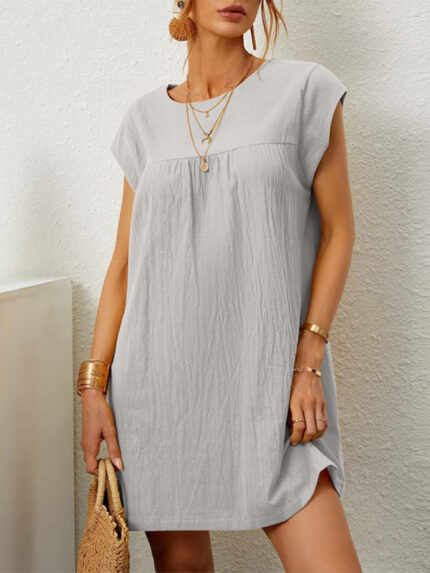 Sleeveless Round Neck Solid Color Cotton Linen Dress