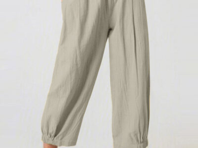 High-Waisted Woven Pants with Elastic Waist for Women’s Casual Wear