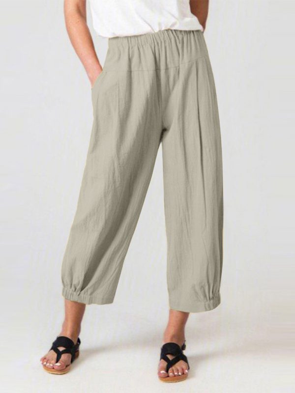 High-Waisted Woven Pants with Elastic Waist for Women’s Casual Wear