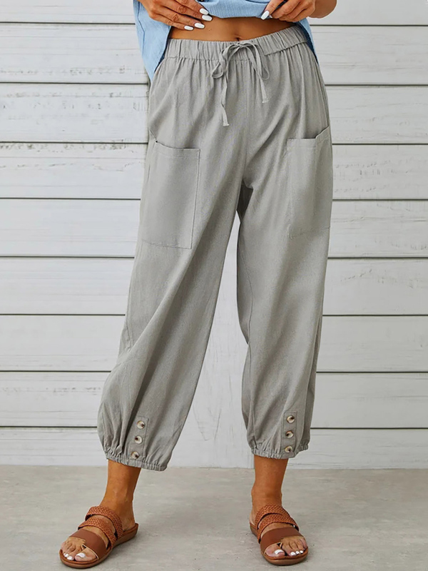 Loose High-Waisted Button-Down Cotton and Linen Cropped Wide-Leg Trousers