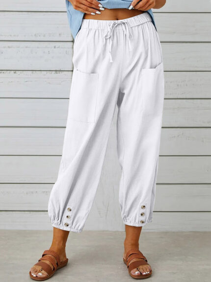 Loose High-Waisted Button-Down Cotton and Linen Cropped Wide-Leg Trousers