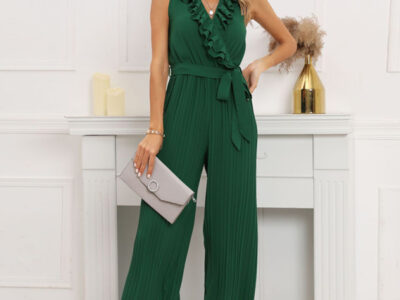 Sleeveless V-Neck Ruffle Lace Pleated Jumpsuit