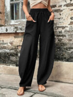 Versatile Women’s Solid Color Elastic Pants with Convenient Pockets