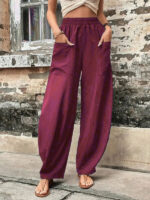 Versatile Women’s Solid Color Elastic Pants with Convenient Pockets