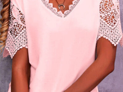 Loose V-Neck Short Sleeve Top with Elegant Lace Trim