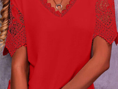 Loose V-Neck Short Sleeve Top with Elegant Lace Trim