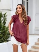 Ruffle Sleeve Women's Elegant Solid Color Top