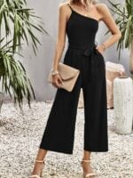 One-Shoulder Tie Solid Color Jumpsuit for Women