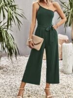 One-Shoulder Tie Solid Color Jumpsuit for Women