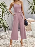 One-Shoulder Tie Solid Color Jumpsuit for Women