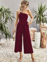 One-Shoulder Tie Solid Color Jumpsuit for Women