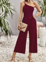 One-Shoulder Tie Solid Color Jumpsuit for Women