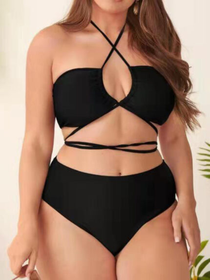 Plus Size Halter Backless Cross-Strap Bikini Set